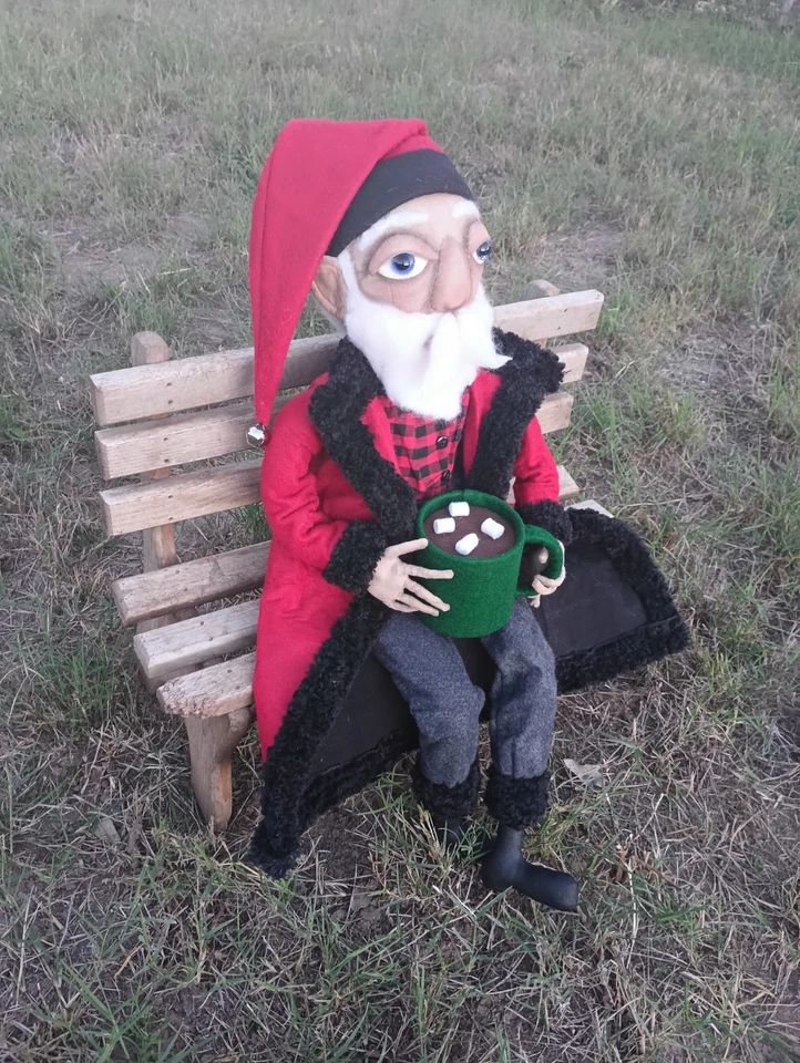 Muñeca hecha a mano arte popular SANTA CLAUS & COCOA Navidad primitiva 28" Poppywise Foto 4 de 4