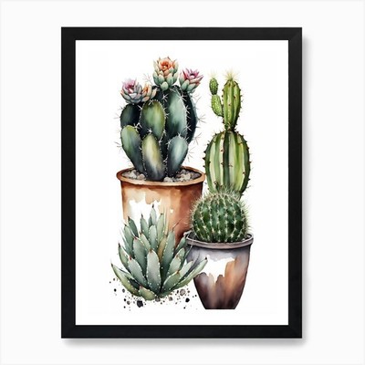Watercolor Cluster of Cactus Housep Framed Wall Art Poster Canvas Print Picture