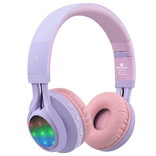 WT-7S Bluetooth Headphones Light Up, Foldable Stero Wireless Headset Purple