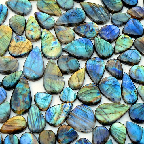 25 Pcs Natural Labradorite Pear Shape Cabochon Loose Gemstone Lot 15-50mm - Picture 2 of 13