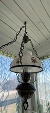 Vintage 70s Hurricane Style Swag Lamp Milk Glass Hand Painted Floral