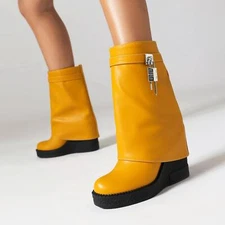 Fashion Womens Lock Mid Calf Fold Over Boots Wedge Heel Boots Wide Creeper Shoes