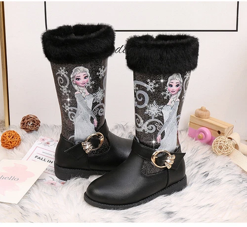 New Kids Girls Elsa Princess Winter Warm Long Snow Boots Fur Lined Sequins Shoes - Picture 10 of 36