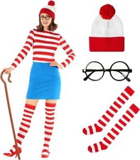 Women s Where s Wally Costume Adult Red White Wilma Outfit Halloween S - 3XL