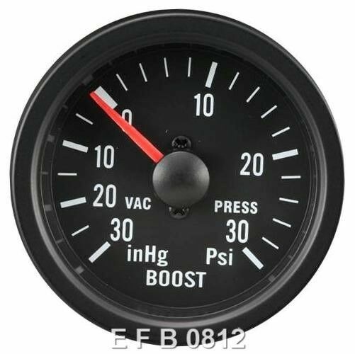 52mm Traditional Black Face / Clear Lens Boost PSI Gauge - 30 PSI
