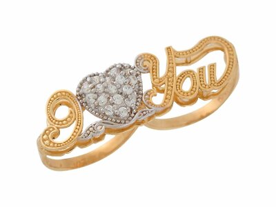 10k or 14k Two-Tone Gold White CZ Heart Ladies I Love You Double Two Finger Ring