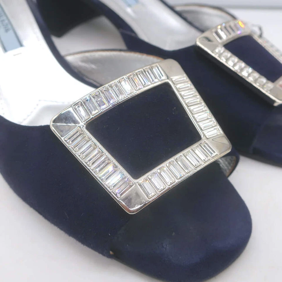 Prada Crystal Buckle Mules Navy Suede Size 38 Low-Heel Open Toe Sandals - Image 2 of 4