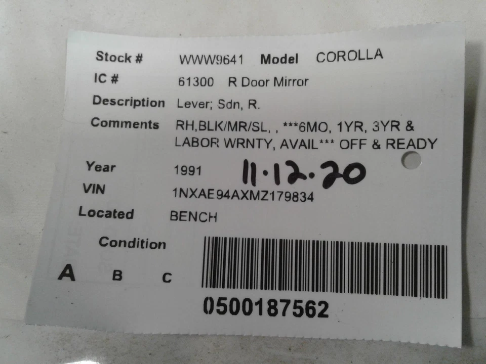 Espejo retrovisor de puerta derecho usado se adapta a: Toyota Corolla 1991 palanca Sdn R. grado derecho A Foto 4 de 4