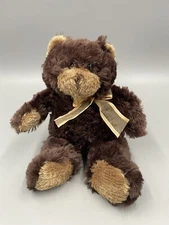 Ganz 8” Fluffy Brown Teddy Bear Plush Stuffed Animal W/ Gold Colored Ribbon Bow