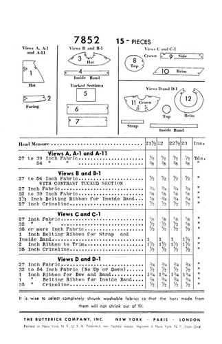 Misses HAT Pattern 4 Unique Styles 22" VERY RARE Butterick 7852 Vintage 1938 - Picture 2 of 5