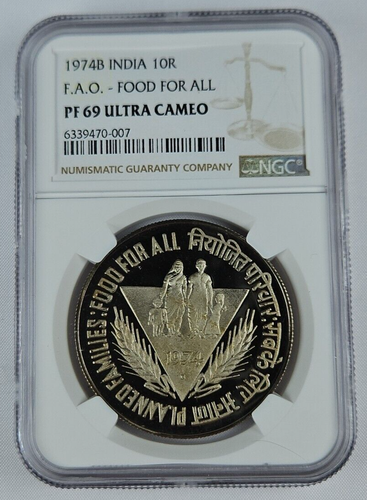 1974 India Republic 10 Rupees Proof FAO - NGC PF 69 Ultra Cameo - Picture 3 of 6