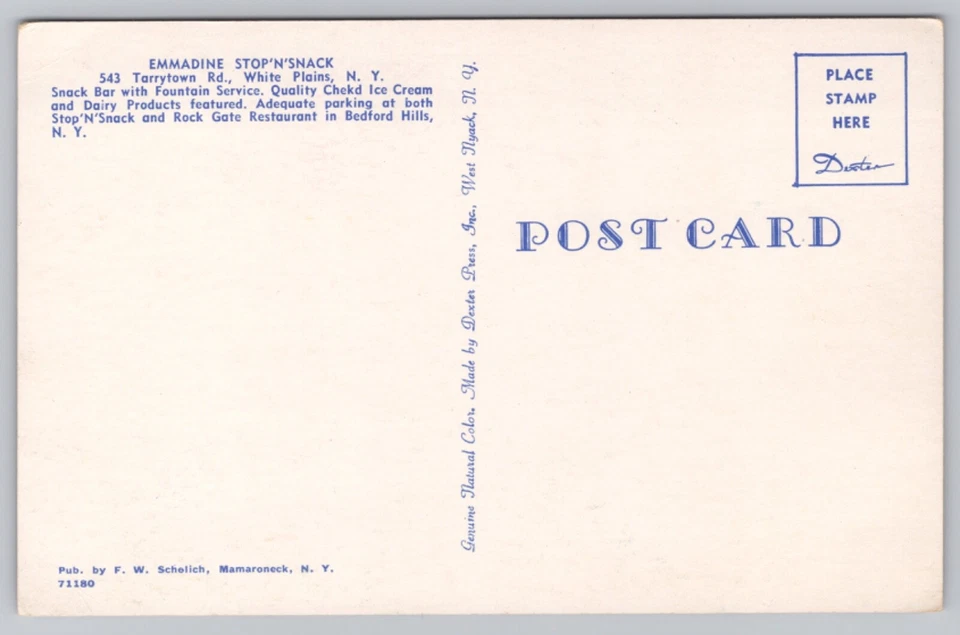 1950s White Plains, NY  Emmadine Stop'N'Snack  Diner, Soda Fountain UNP Postcard - Image 2 of 4