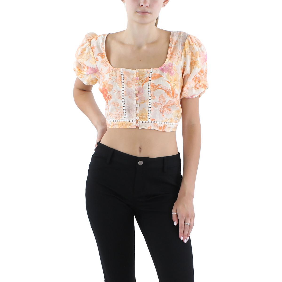 Guess Женский оранжевый с квадратным вырезом и пышными рукавами, летний укороченный M BHFO 7536