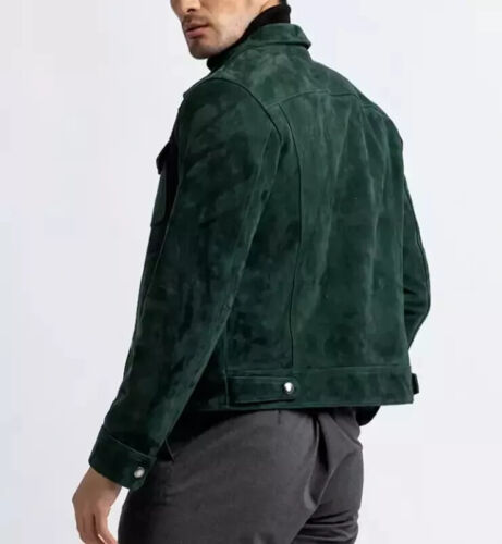 Men's Pine Green Suede Tracker Leather Jacket Party Wear Handmade Pure Lambskin - Picture 3 of 10