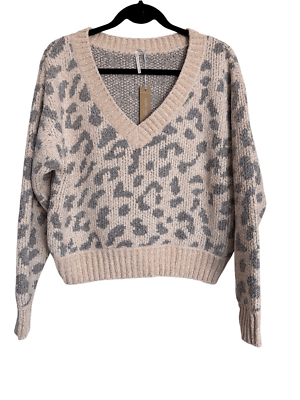 Hello Nite Top Women's Small Oatmeal Lite Gray Leopard Print V