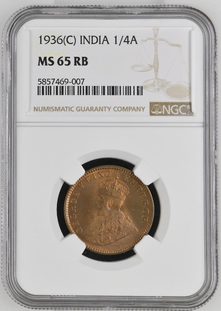India 1/4 Anna 1936C NGC MS 65 RB