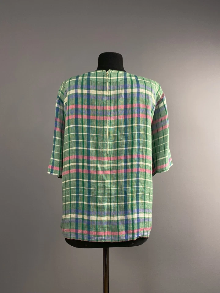 Винтажный 80-х VALENTINO бутик зеленый розовый чек льняной блузка верхняя рубашка размер 8 - Изображение 4 из 4