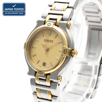 GUCCI 9000L Quartz Ladies Watch Gold Dial  Two-Tone Date Swiss Made Steel 25mm