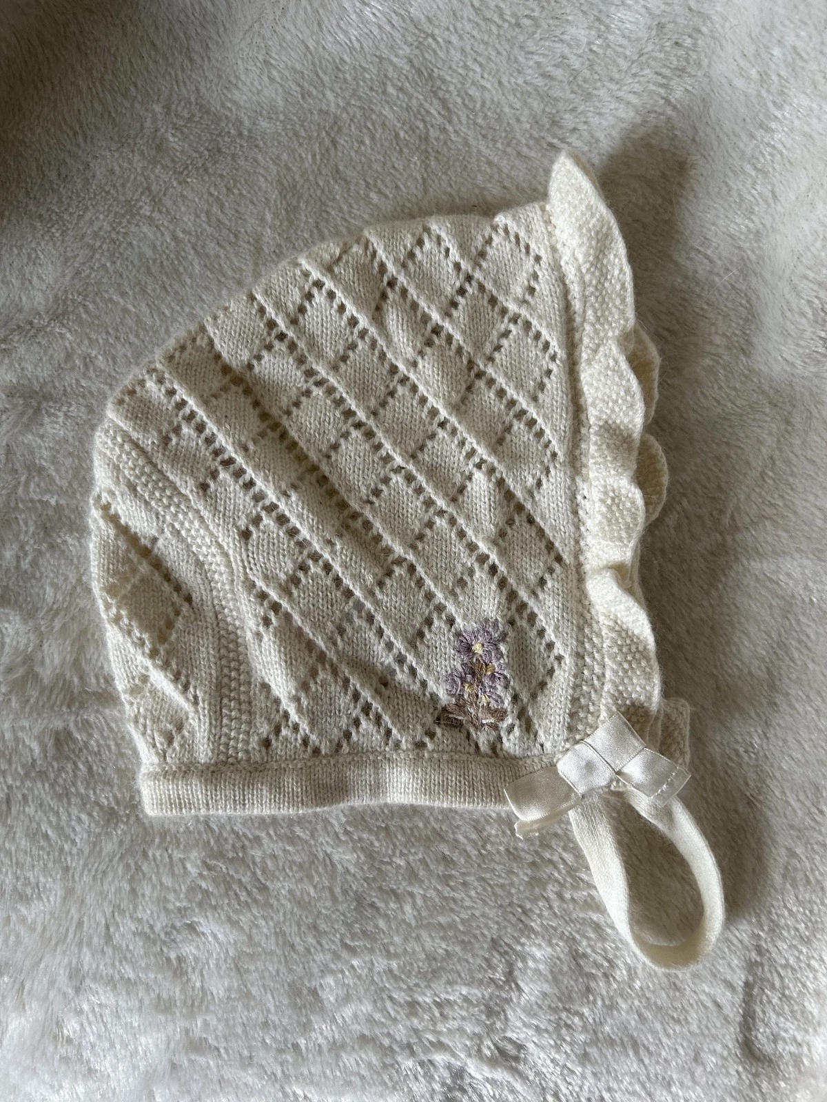 Janie and Jack layette cream cotton rabbit hair knit bonnet 12-18 months