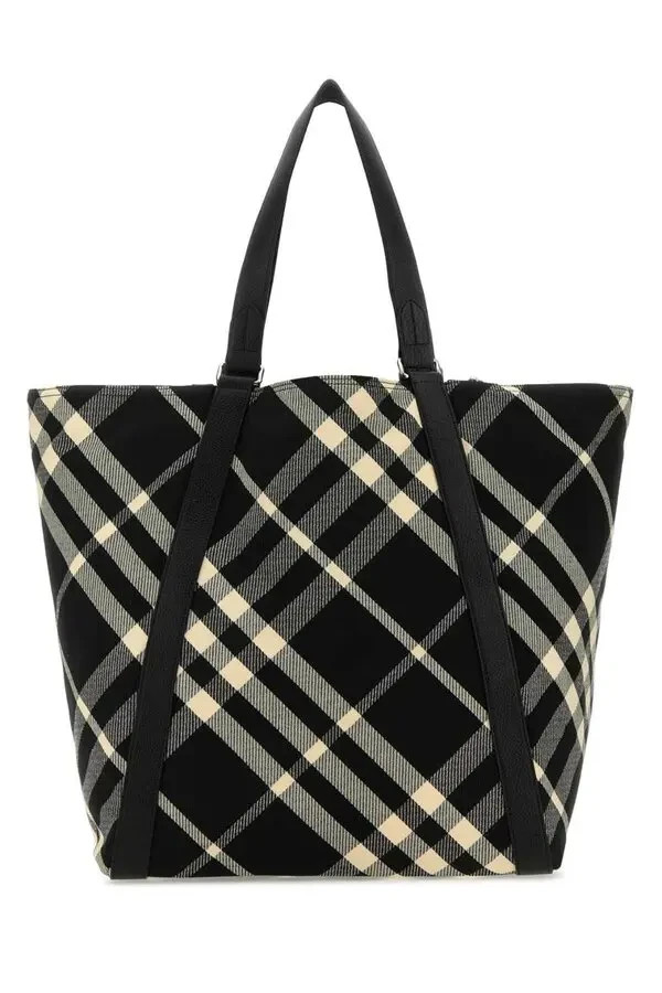 Burberry Jacquard Shopper Tote Bag Mens One Size BlackCalico Leather Trim 146790₽