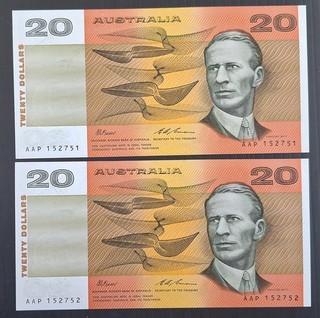 1993 Australia Consecutive Pair $20.00 Fraser Evans Banknotes Renniks R415 UNC