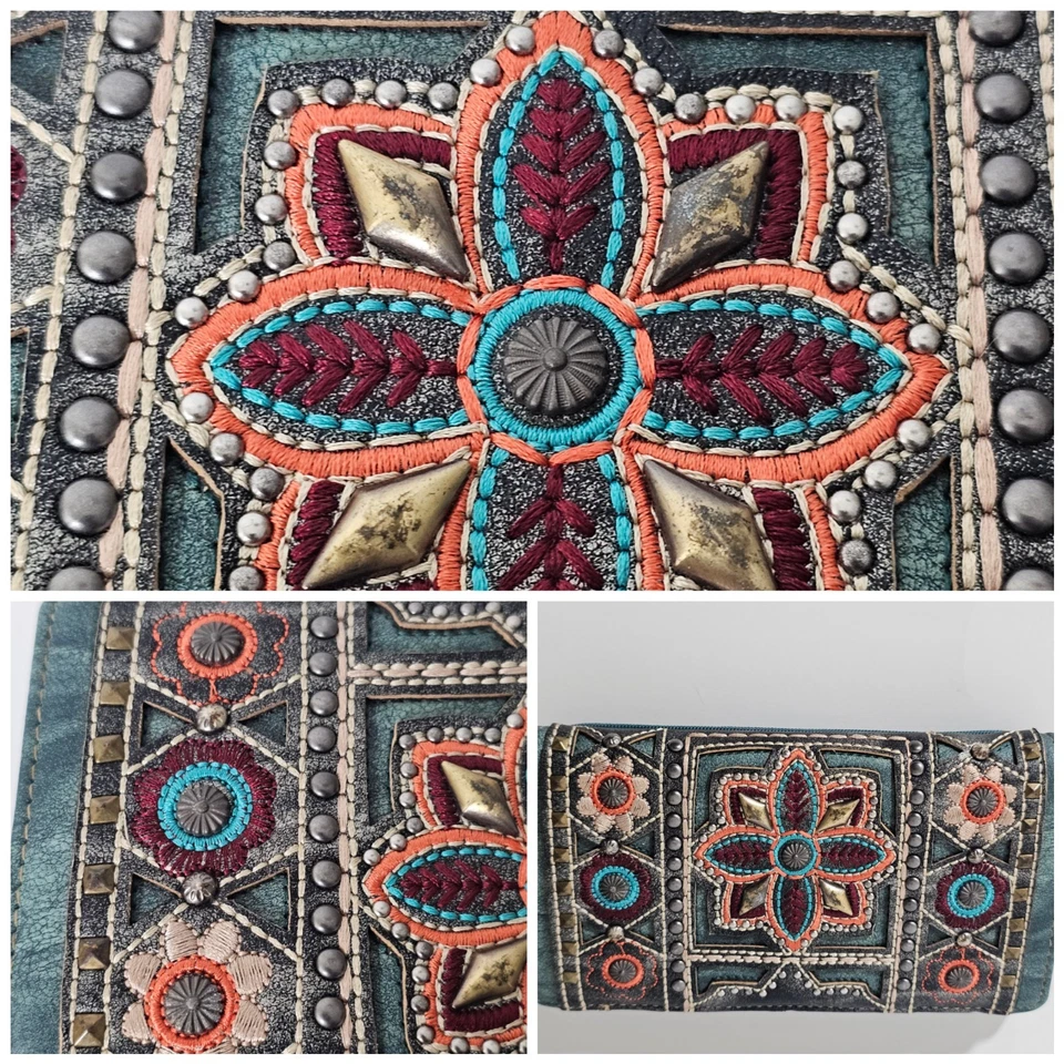 Cartera Montana West Azteca Tachuelas Floral Bordado Glamour Verde Azulado 7.2" L X 4" H Foto 3 de 4