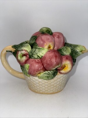 Vtg Teapot Handpainted Apples Leaves In Basket Retired World Bazaar 6.5 H