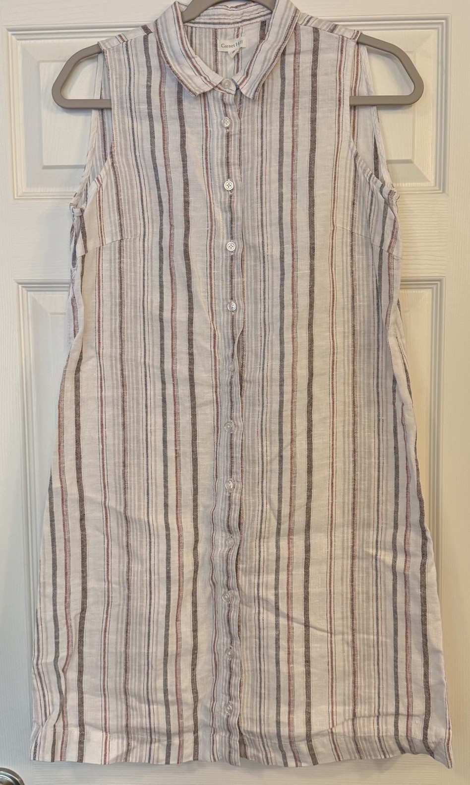 Garnet Hill 100% Linen Shirt Dress 6 White Striped Modest Lightweight Sleeveless