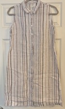 Garnet Hill 100% Linen Shirt Dress 6 White Striped Modest Lightweight Sleeveless