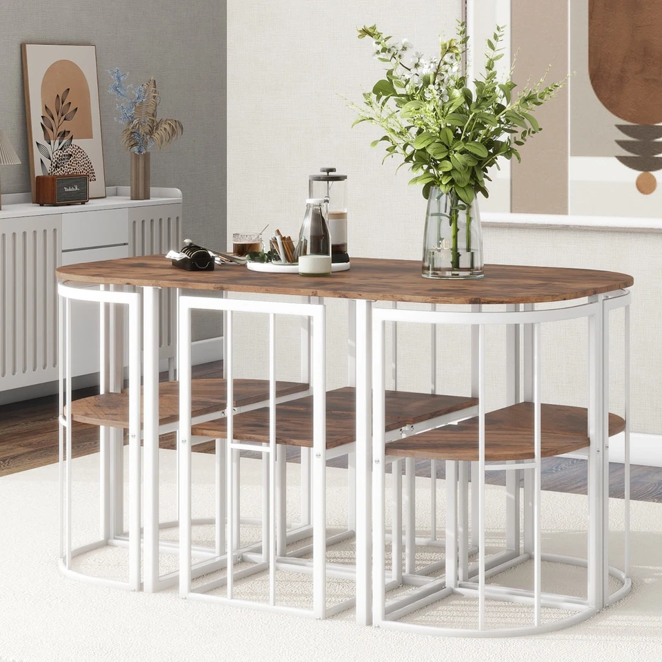 7-Piece Industrial Dining Table Set w/ 6 Stools  Space-Saving Kitchen &Breakfast - Image 3 of 4