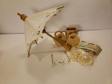 Vtg Miniature Wood Crochet Doll Size Parasol Umbrella 9" Hats Glasses Craft Mix