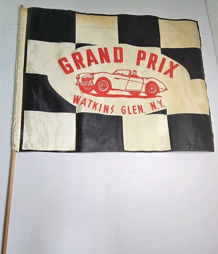1950's Watkins Glen Grand Prix Flag Wooden Dowel 11 1/2" x 9" Original Vintage