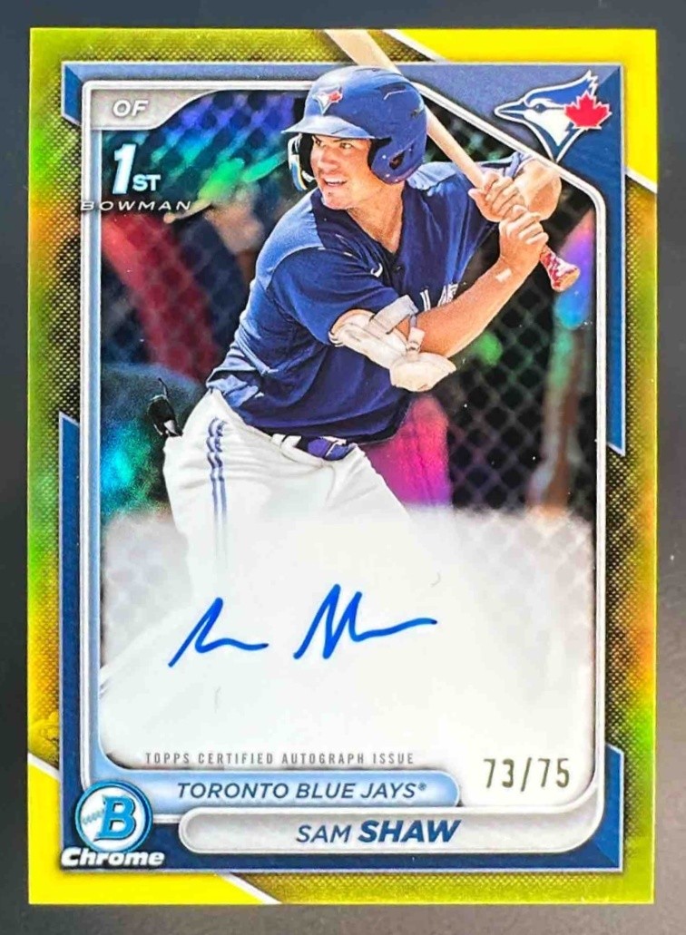 2024 Bowman Sam Shaw Chrome Auto Yellow Ref /75 #CPA-SS 1st Bowman