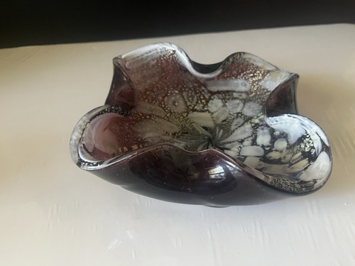 MCM Murano Art Glass Centerpiece Hand Blown Dark Purple Silver & Gold - Picture 2 of 6