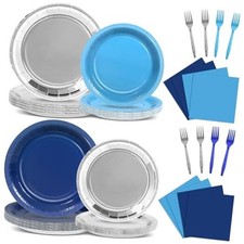 96Pcs Navy Birthday Party Decorations Paper Plates and Napkins Blue and Silver