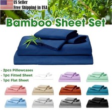 4 Pcs Premium Bamboo Bed Sheet Set, Deep Pockets Breathable  Soft Cool Bamboo