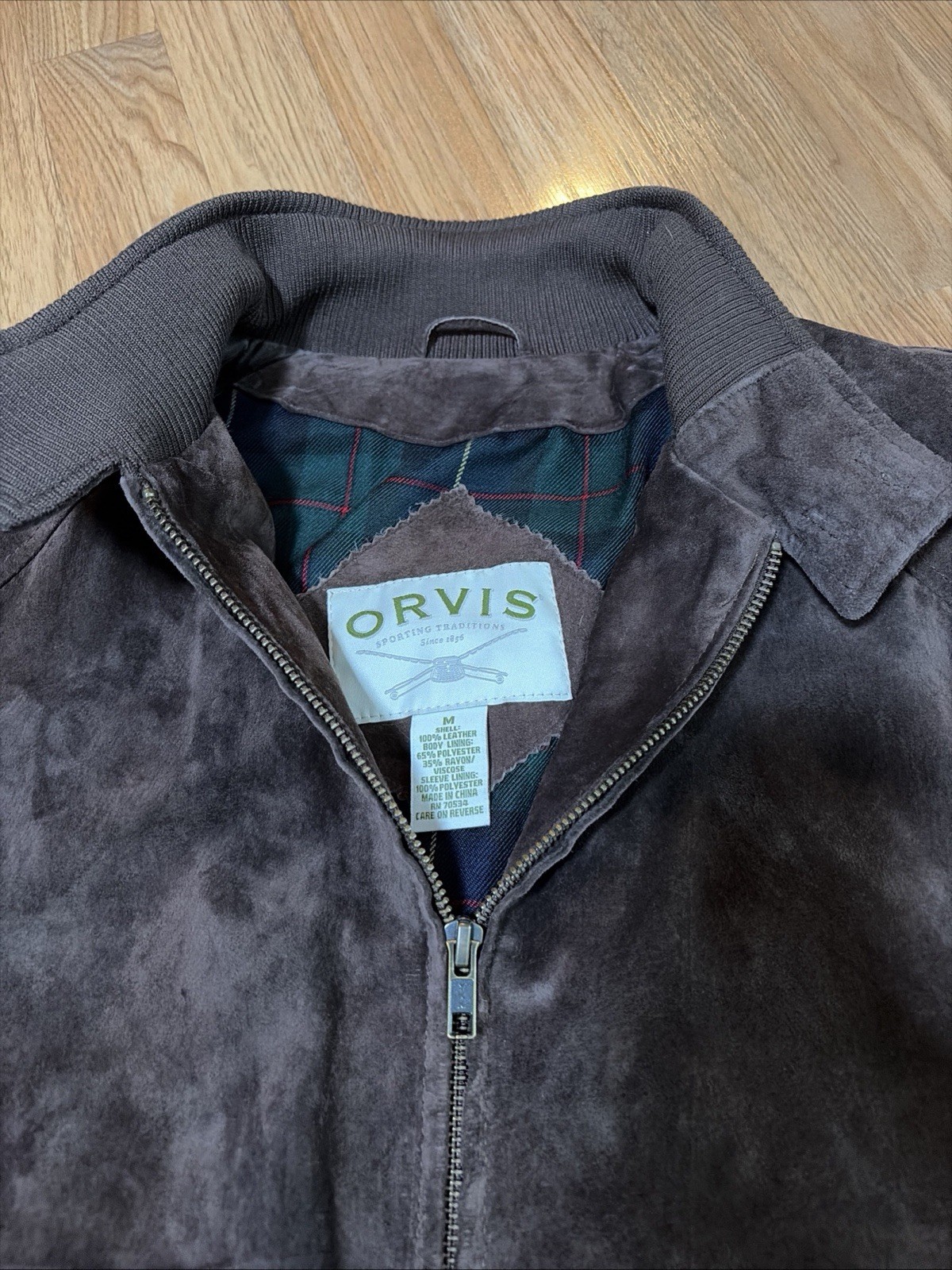 Men’s Orvis Brown/Tan Suede Leather Bomber Plaid Lined Jacket! Size: Medium image 2