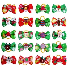 20pcs Pets Dog Hair Bows with Rubber Bands - Bowknot & Snowman Designs (Red &...