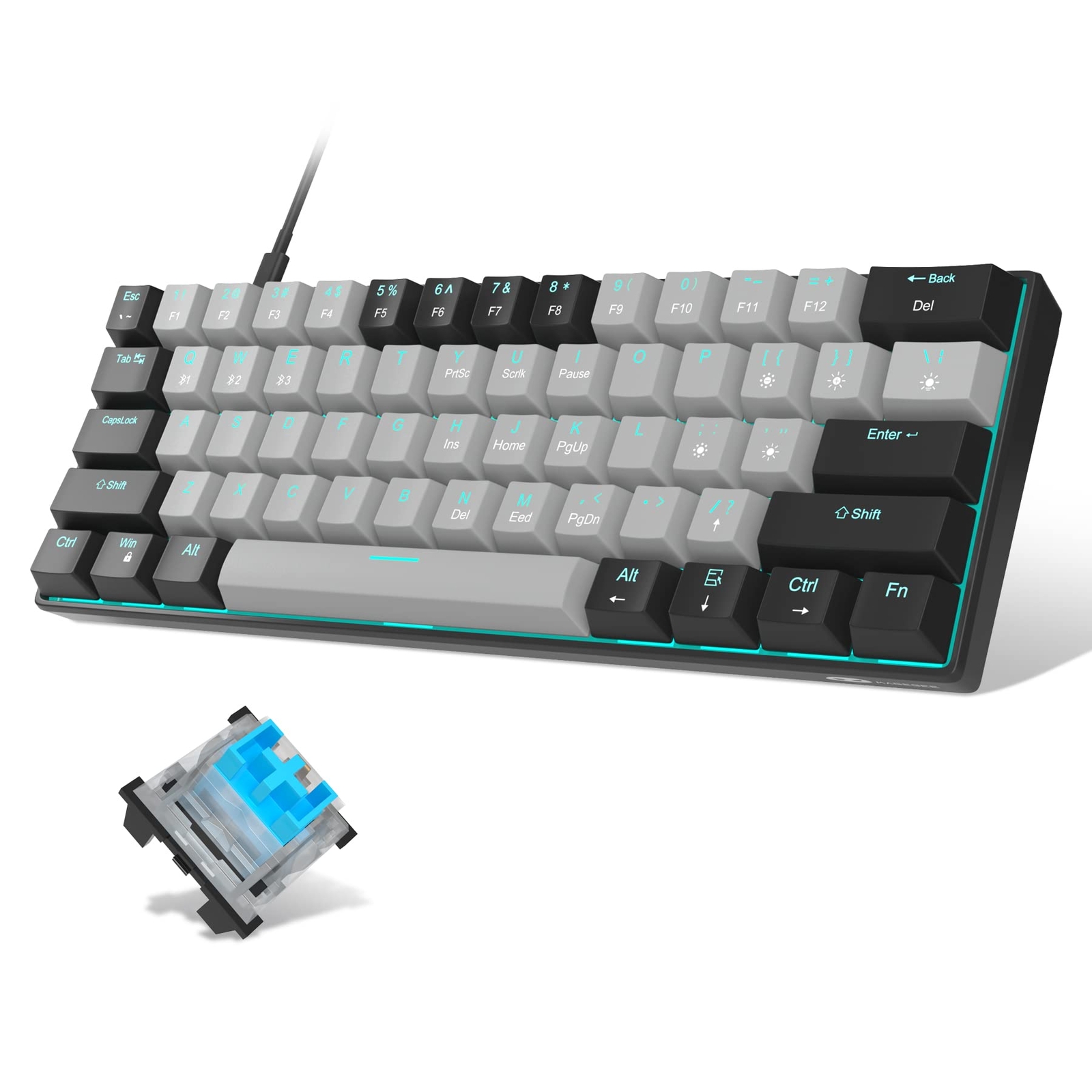 60% Compact Mechanical Gaming Keyboard with Blue Switches, Sea Blue Backlit Keys, Ergonomic Design, and Durable Build for Enhanced Typing and Gaming Experience-image