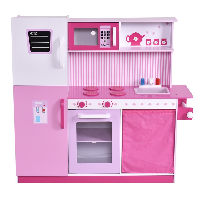 Costzon Kids Pink Wooden Kitchen Cooking Pretend Play Set With Solid Kids Wood Kitchen Toy Cooking Pretend Play Set Toddler Wooden Playset Gift New