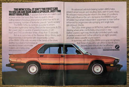 1987 BMW 535is Red Sedan Bred on Racecourse Air Dam Original Color Car Print Ad