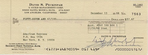 Sam Peckinpah-RARE Vintage Signed 1966 Bank Check