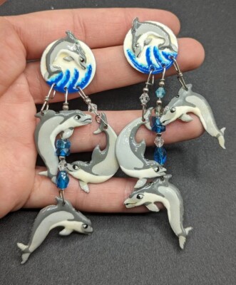 Lunch at the Ritz Dolphin ''Sea Talk'' Ocean Animal Dangle Vtg Pierced Earrings
