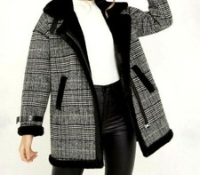 New Womens Quiz Wool Checked Faux Fur Collar Coat Parka Jacket Grey