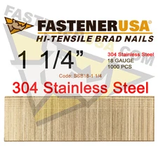 1 1/4" 18 Gauge Straight Brad Finish Nails Stainless Steel 18 ga (1,000 ct)