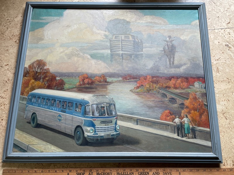 Vintage Original Blue Ridge Bus Painting, Hagerstown MD, Linen Canvas,33” by 27”