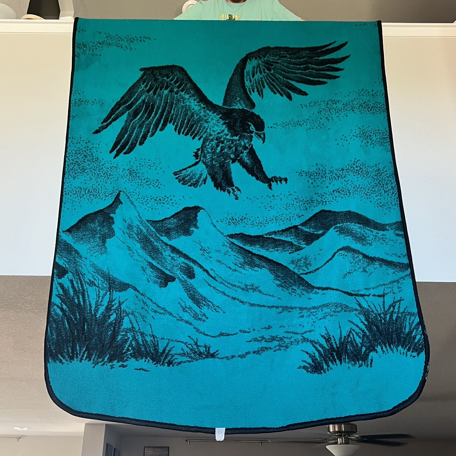 Vintage San Marcos Reversible Blanket Eagle Landing Black Blue Moon