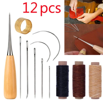 12x Repair Leather Craft Tool Wood Waxed Thread Cord Sewing Drilling Awl Needles