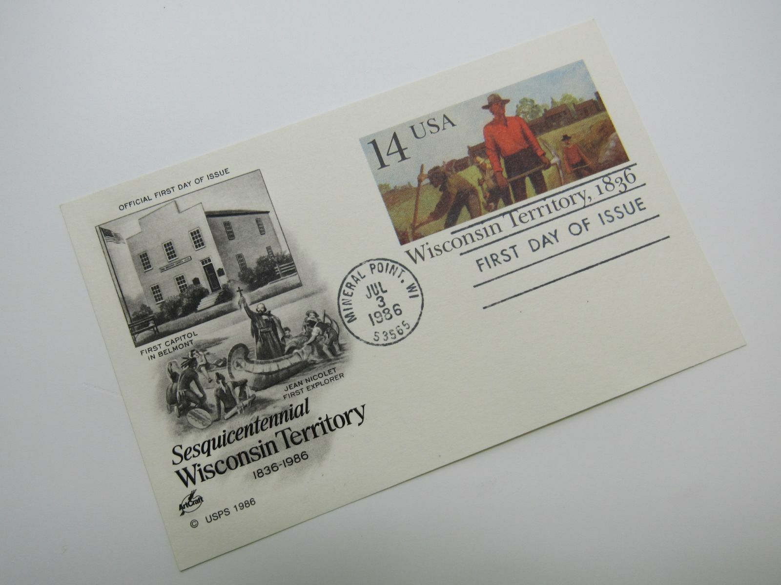 USPS Scott UX113 14c Wisconsin Territory 1836 First Day of Issue Postal Card
