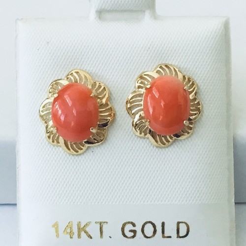 Solid 14K Yellow Gold Genuine Natural Pink Coral Lacey Mounting Stud Earrings - Picture 6 of 8